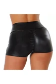 Deri Kısa Şort Arkası Büzgülü Siyah Renk - 2