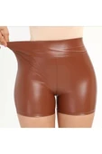 Deri Kısa Şort Yüksek Bel Koyu Kahve - 2