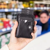 Rodos Hakiki Deri, El Yapımı, Pop-Up Kartlık Cüzdan, Parlak Siyah thumbnail 5