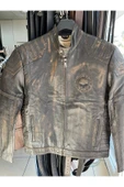 Vintage Tarz Hakiki Deri Motosiklet Montlar, Koyun Derisi, Eskitme Tasarım, Orta Kalınlık - 1