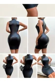 Deri Elbise Skinny Fit Kesim Boğazlı Sıfır Kol - 7