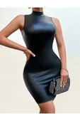 Deri Elbise Skinny Fit Kesim Boğazlı Sıfır Kol - 1