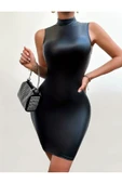 Deri Elbise Skinny Fit Kesim Boğazlı Sıfır Kol - 6