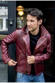 Prof Model Silme Hakiki Koyun Derisi Bordo Renk Biker Mont - 4