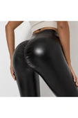 Yüksek Bel Deri Görünümlü Büzgülü Spor Tayt, Siyah, Popo Kaldırıcı, Fitness ve Yoga için - 1