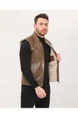 Hakiki Deri Bisiklet Yaka Içi Kürklü Yelek Kahve Renk thumbnail 1