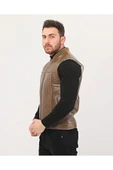 Hakiki Deri Bisiklet Yaka Içi Kürklü Yelek Kahve Renk thumbnail 7