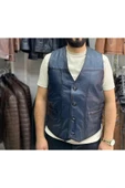 Hakiki Deri Lacivert Renk Yelek Slim Fit Kesim - 1