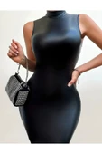 Deri Elbise Skinny Fit Kesim Boğazlı Sıfır Kol - 3