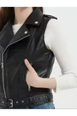 Hakiki kuzu derisi Kadın Motorcu Tarzı Biker Yelek thumbnail 7