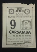 9 ARALIK 1981 ÇARŞAMBA Sönmez Takvimi YAPRAĞI (Sahafiye Kitap) - 1