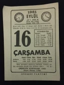 16 EYLÜL 1981 ÇARŞAMBA Sönmez Takvimi YAPRAĞI (Sahafiye Kitap) - 1