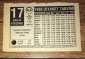 17 Aralık 1998 PERŞEMBE Diyanet Takvim YAPRAĞI (Sahafiye Kitap) - 1