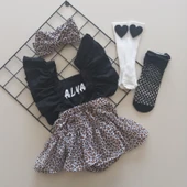 BALBÖCEĞİKİDS İsimli Kız Bebek Leopar Desenli Fırfırlı Salopet Bandana Siyah Çorap Takım - 1