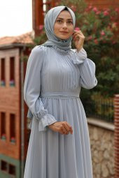 Fırfırlı Tesettür Elbise - Buzmavisi - 3
