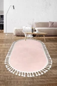 Pembe Oval Post Halı Saçaklı Peluş Yumuşacık Antibakteriyel Çocuk Mutfak Salon Halısı - 1
