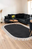 Koyu Gri Oval Post Dokuma Halı Saçaklı Peluş Yumuşacık Kaymaz Antibakteriyel - 1