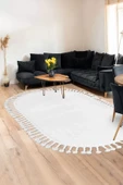Peluş Halı Beyaz Cool Saçaklı Oval Post Kesme Yolluk Kilim Salon Halısı Modelleri - 1