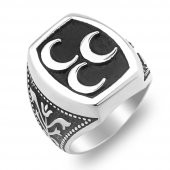 Üç Hilal Tasarımlı Lale Motifli 925 Ayar Gümüş Yüzük thumbnail 3