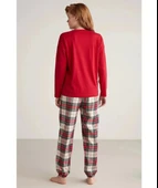 W606 Kadın Uzun Kollu Ekoseli Pijama Takımı - 4