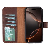 Apple iPhone 16 Pro uyumlu, Hakiki Deri, El Yapımı, Cüzdanlı Kılıf, Antik Kahve thumbnail 2