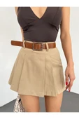 Kemerli Pileli Şort Etek -KAHVE - 1