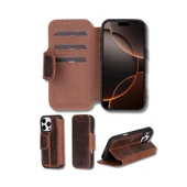 Apple iPhone 16 Pro uyumlu, Hakiki Deri, El Yapımı, Cüzdanlı Kılıf, Antik Kahve thumbnail 1