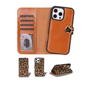 Apple iPhone 16 Pro uyumlu, Hakiki Deri, El Yapımı, Cüzdanlı Kılıf, Leopar thumbnail 1