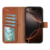 Apple iPhone 16 Pro Max uyumlu, Hakiki Deri, El Yapımı, Cüzdanlı Kılıf, Karamel thumbnail 4