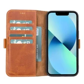 Apple iPhone 13 Uyumlu Deri Cüzdanlı Kılıf Antik Taba thumbnail 1