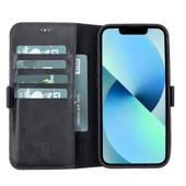 Apple iPhone 13 Uyumlu Deri Cüzdanlı Kılıf Rustik Siyah thumbnail 1