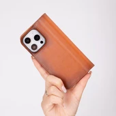 Apple iPhone 16 Pro uyumlu, Hakiki Deri, El Yapımı, Cüzdanlı Kılıf, Gölgeli Taba thumbnail 3