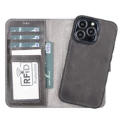 Apple iPhone 13 Pro Uyumlu Deri Cüzdanlı Kılıf MWWN TN1 Gri thumbnail 1