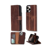 Apple iPhone 16 Pro uyumlu, Hakiki Deri, El Yapımı, Cüzdanlı Kılıf, Antik Kahve thumbnail 1