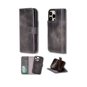 Apple iPhone 16 Pro uyumlu, Hakiki Deri, El Yapımı, Cüzdanlı Kılıf, Gölgeli Gri thumbnail 1