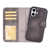 Apple iPhone 16 uyumlu, Hakiki Deri, El Yapımı, Cüzdanlı Kılıf, Gölgeli Gri thumbnail 1