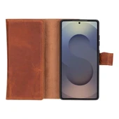 Samsung Galaxy S25 Ultra uyumlu, Hakiki Deri, El Yapımı, Cüzdanlı Kılıf, Karamel thumbnail 2