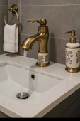 ANTİK PİRİNÇ DESENLİ LAVABO BATARYASI- SERAMİK DETAYLI- SU TASARRUFLU MUSLUK - 1