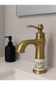 ANTİK PİRİNÇ DESENLİ LAVABO BATARYASI- SERAMİK DETAYLI- SU TASARRUFLU MUSLUK - 2