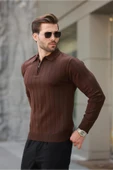 Erkek Slim Fit Polo Yaka Fermuarlı Fitilli Triko Kazak - 4001 - 9