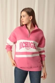 Üç İplik Michigan Baskılı Fermuarlı Kadın Pembe Sweat thumbnail 1