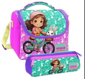 Coral High Kız Çocuk Yeşil Pembe Bisikletli Kız Thermo Beslenme Çantası ve Üç Bölmeli Kalem Çantası Seti thumbnail 1