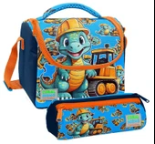 Coral High Erkek Çocuk Mavi İş Makineleri ve Dinazor Thermo Beslenme Çantası ve Üç Bölmeli Kalem Çantası Seti - 1