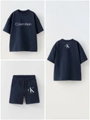 CK Baskılı Çocuk Takım – Lacivert Tişört & Şort - 1
