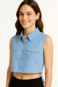 Kadın Crop Poplin Gömlek  Yalancı Cepli, Ayarlanabilir Yan Kordonlu, - Bebe Mavisi thumbnail 1