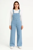 Kadın Chambray Açık Mavi Denim Görünümlü Geniş Paça Salopet Tulum - Mavi thumbnail 4