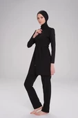 Haşema Bel Kemer Detaylı Siyah Dokuma 5 Parça Tesettür Mayo Takımı Siyah thumbnail 2
