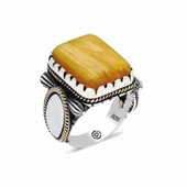 Gümüş Sarı Sıkma Kehribar Taşlı Kare Erkek Yüzük - 1