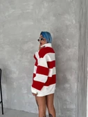Unisex Üç İplik Parçalı Yakalı SweatShirt - Kırmızı - 2