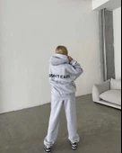 Nakış İşlemeli Üç İplik Sweat Takım- Gri - 4